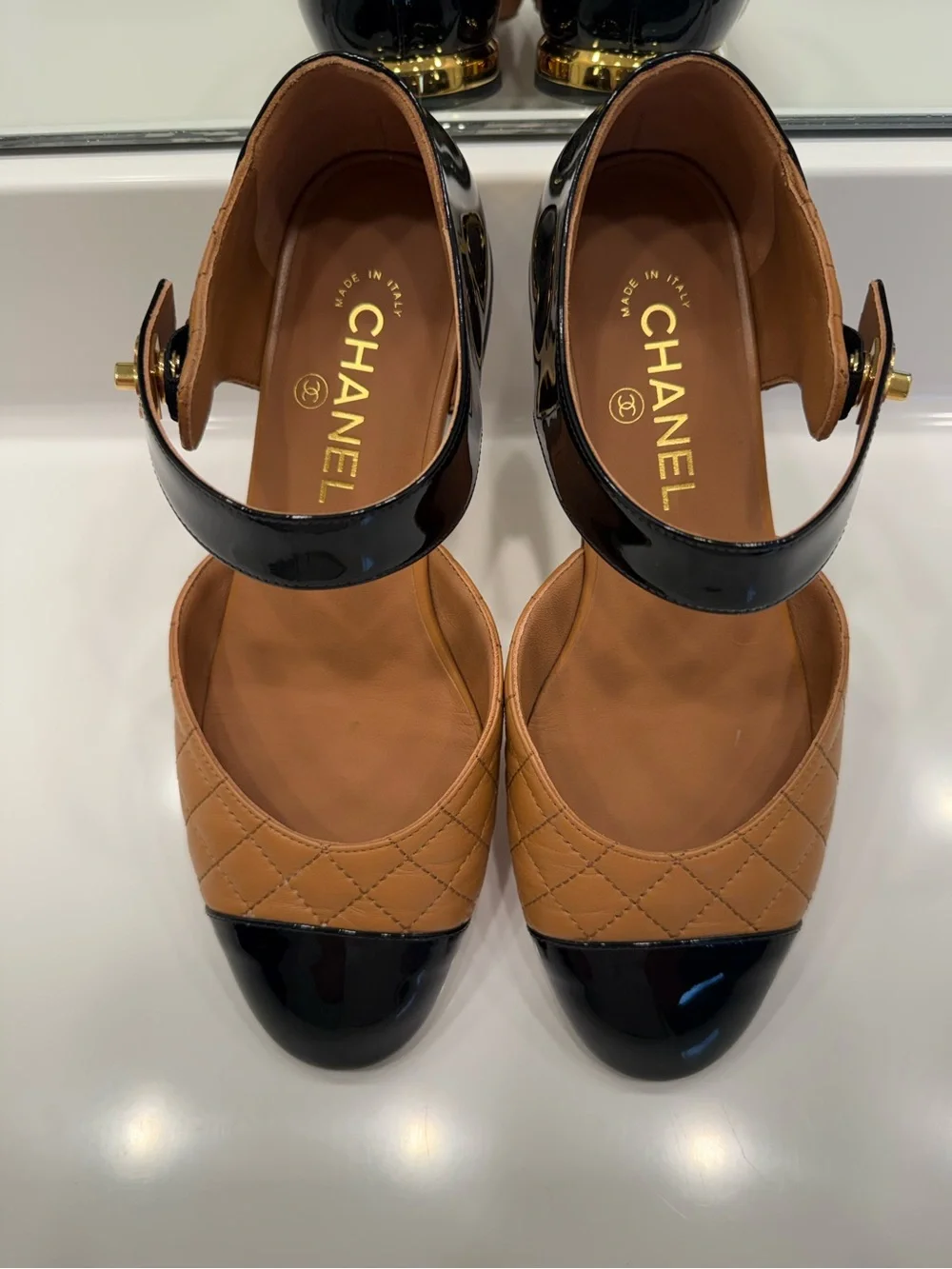 CHANEL Two-Tone Quilted Mary Jane Flats in Tan and Black IT38.5
